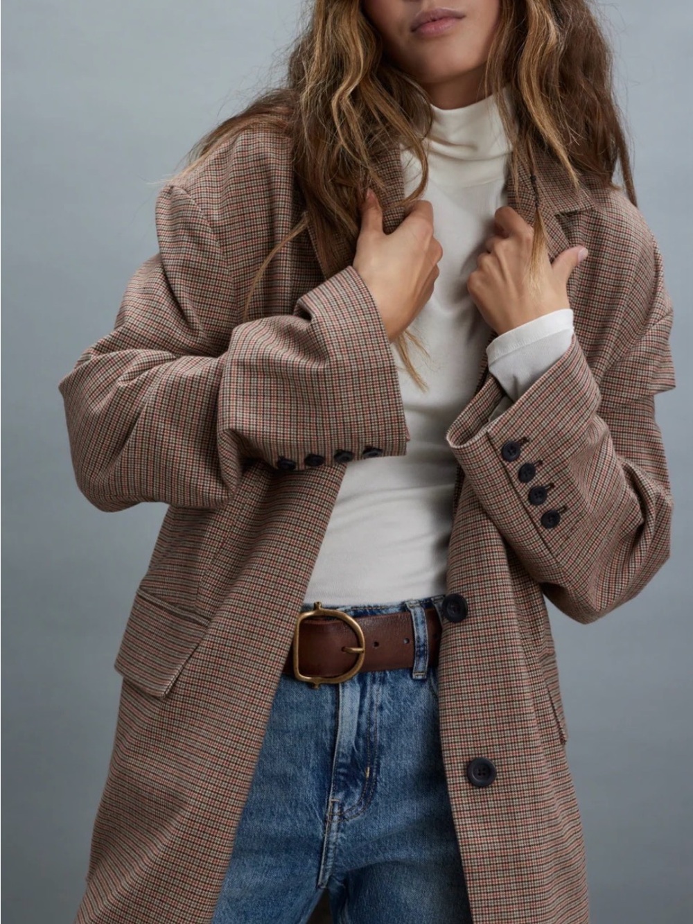 Free People Brown Plaid Oversized Blazer